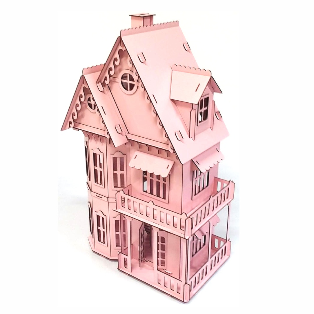 Casa Casinha De Boneca 60 cm Em MDF (Montada) + Jogo 30 Mini Moveis Montados