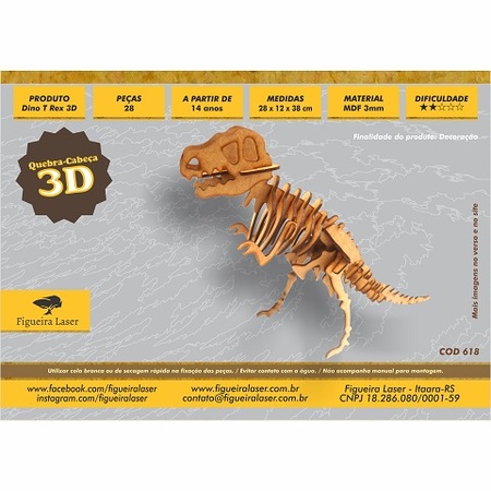 Quebra Cabeça 3D Dinossauro T- Rex - 30 Peças - MDF Cru - Corte a