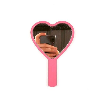 Espelho de Mão Coração MDF Rosa 15 cm